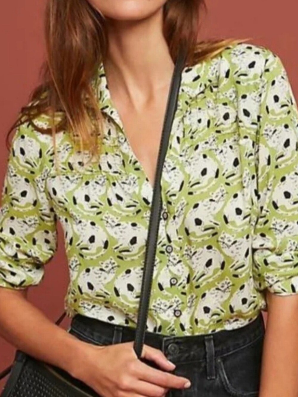 Anthropologie 16 of 52 Conversations Cat Print Pintuck Button Down Blouse Size 4